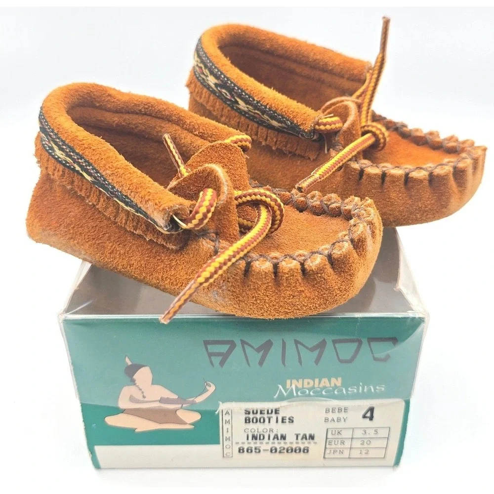 Vintage Animoc Indian‎ Moccasins Baby Suede Booties Size 4 Tan Fringe with Box
